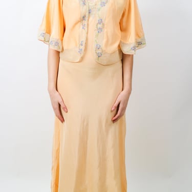 1930s Yellow Silk Nightgown with Matching Bed Jacket with Floral Embroidery