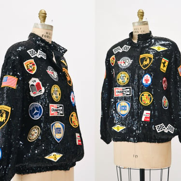 90s Vintage Black Sequin Jacket Race Car Patches Jeanette Kastenberg St martin Medium Indy 500 NASCAR Mercedes Benz Porche Maserati Ferrari 