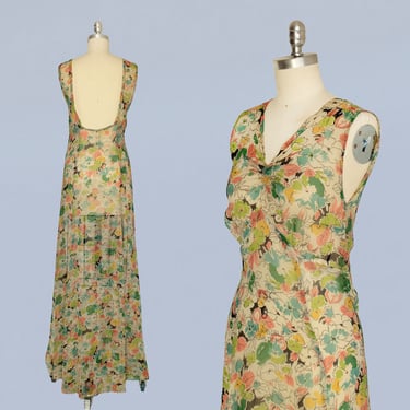 1930s Dress / 30s Sheer Floral Silk Chiffon Gown / Open Back 