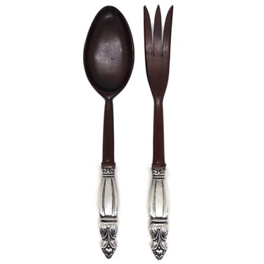 1940's Vintage Two-Piece American Wood and Sterling Silver Handle Salad Server Set Large Fork and Spoon 