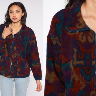 90s Fleece Jacket Abstract Geometric Print Zip Up Jacket Boho Grunge Lands End Bomber Hipster Sweater Hippie Vintage Bohemian 1990s Medium M 