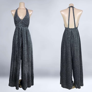 VINTAGE 70s Silver Metallic Palazzo Pant Jumpsuit Open Back S/XS | 1970s Lurex Disco Studio 54 Pants Suit | VFG 