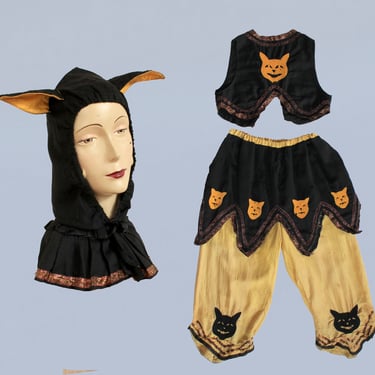 RARE Antique Halloween Costume / 1920s Three Piece CAT Vest, Pants, and Hood Set / Grinning Cat Faces / Ears Hat 