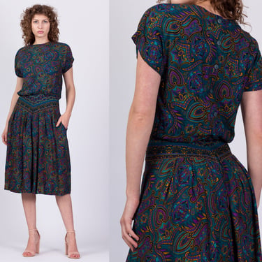 80s Floral Paisley Midi Grunge Dress - Medium | Vintage Harem Waist Short Sleeve Button Back Pocket Dress 