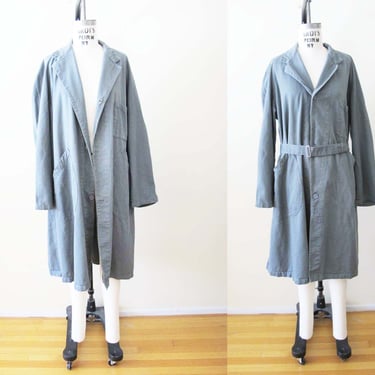Vintage 1950s Gray Utility Work Coat M L - 1950s Industrial Belted Long Work Wear Trench Coat 