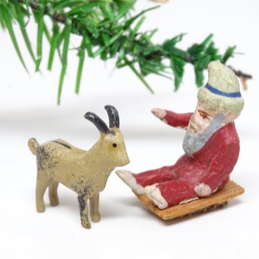 Antique German Miniature Composite Santa Hand Painted on Wooden Sled with Wooden Reindeer, Vintage Christmas Putz Decor 
