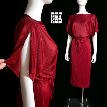 Lovely Vintage 70s 80s Maroon Red Drape-y Elastic Waist Dress 