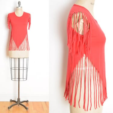 vintage 80s top red knit fringe t-shirt tee open sides athletic hippie XS S clothing 
