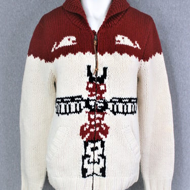 Cowitchan - Lucky Brand - Hand-Knit - Cardigan - Totem Pole - Native American - Marked M - Wool 