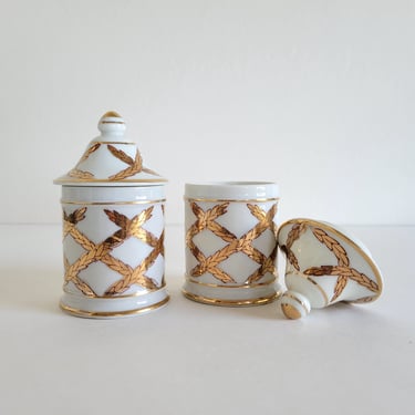 Set of 2 Vintage Porcelain Lidded Votive Holders, Small Apothecary Jars 