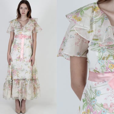 Vintage Wildflower Floral Chiffon Tiered Romantic Maxi Dress 