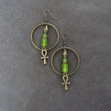 Hoop earrings frosted green glass and ankh 