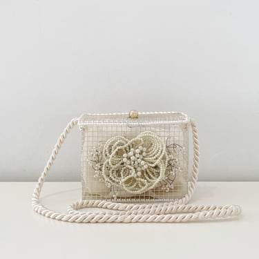 White Metal Box Bag With Pearl Accents