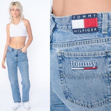 Tommy Hilfiger Jeans Y2K Mid Rise Jeans Retro Straight Leg Denim Pants Boyfriend Fit Relaxed Embroidered Logo Tomboy Vintage 00s Small 