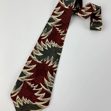 1940's Vintage Tie - Abstract Pattern  - Rusty Brown Background with Steel Green & Cream 
