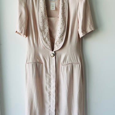 Vintage Leslie Fay for Lord & Taylor Pink Satin Pearl Collared Dress Size 10 