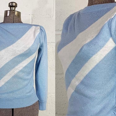 Vintage Striped Baby Blue Long Sleeve Sweater Jumper Boat Neck White Diagonal Stripe Cherry Stix 1980s 80s Small XS 