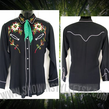 Central Boot Company of Texas, Vintage Western Men's Cowboy & Rodeo Shirt, Black with Embroidered Flowers, Approx. Medium (see measurements) 