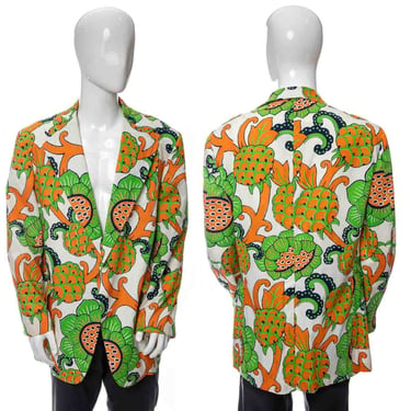 1970's Gordon of Philadelphia White & Orange Pineapple Print Tiki Jacket Size L