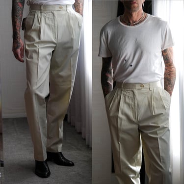 Vintage 90s CALVIN KLEIN Light Stone Ultra High Waisted Pleated Pants Unworn w/ Tags | Size 33x35 | 100% Cotton | 1990s Designer Mens Pants 