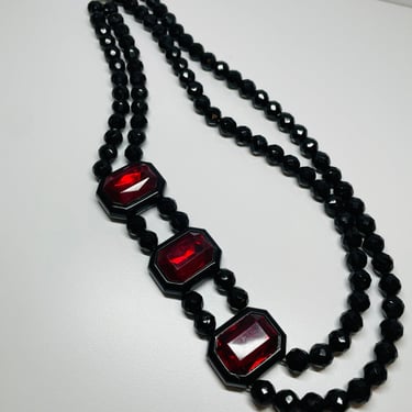 1980’s Black Beaded Necklace with Large Red Rhinestones