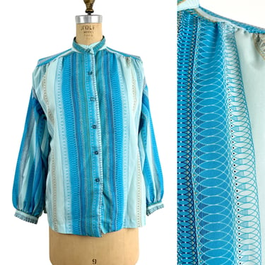 1980s aqua blue spiral striped print blouse - size XL - long sleeve blouse 