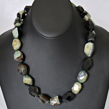 Big 90's Lucoral green black druzy agate sterling necklace, chunky sardonyx 925 silver hand knotted beads statement 