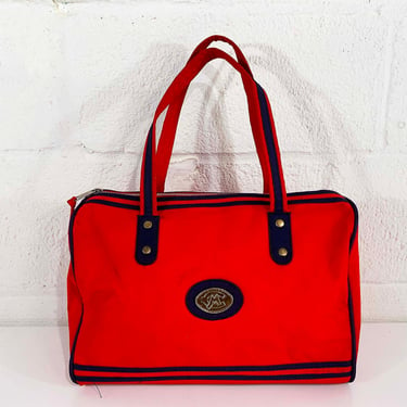 Vintage Red Travel Bag Overnight Carry On Train Case Navy Blue Gold Luggage Travel Holiday Fair 1978 1970s Vacation Canvas Tote Briefcase 