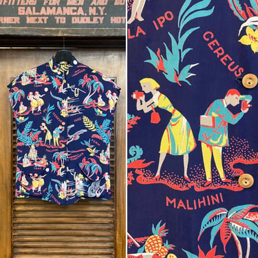 Vintage 1940’s “Malihini” Label Hula Girl Natives Rayon Tea Timer Shirt, 40’s Hawaiian Shirt, 40’s Tiki Shirt, Vintage Clothing 