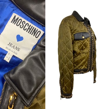 Vtg Vintage 1980s 80s Designer Moschino Olive Green Silk Quilted Bomber Jacket 