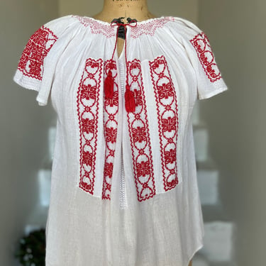1940s White Cotton Gauze Romanian Embroidered Short Sleeve Blouse ...