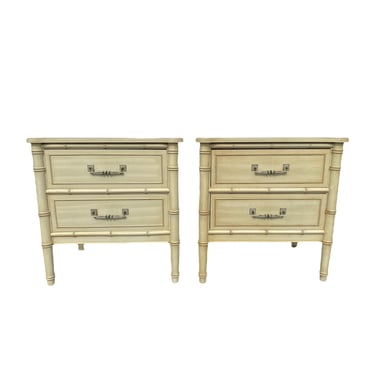 Faux Bamboo Nightstands by Henry Link Bali Hai FREE SHIPPING Set of 2 Vintage Creamy White End Tables Hollywood Regency Coastal Furniture 