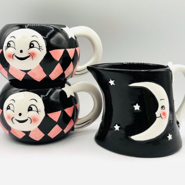 One Set of Johanna Parker & Magenta Carnival Cottage Laughing Luna Moon Retro Pink and Black Mugs and Creamer by LeChalet