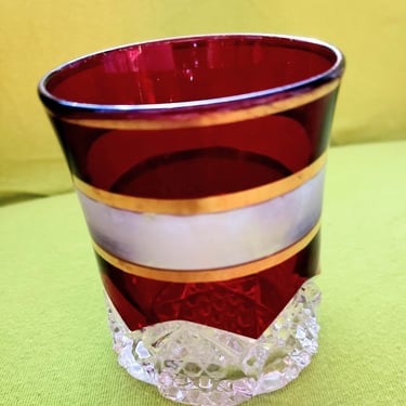 Antique Ruby Red Flash juice glass Vintage EAPG Cut Glass Red and Gold glassware 