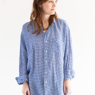 Vintage Blue White Linen Gingham Button up Shirt | Unisex Ralph Lauren Checkered Plaid Studio Tunic | XL XXL | 