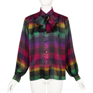 Gucci 1980s Vintage Rainbow Plaid Silk Tie-Neck Collared Blouse Sz L 