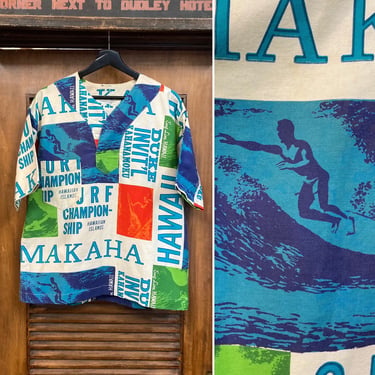 Vintage 1960’s “Surfline” Makaha Surf Pipeline Pop Art Cotton Hawaiian Shirt, 60’s Pullover Top, Vintage Clothing 