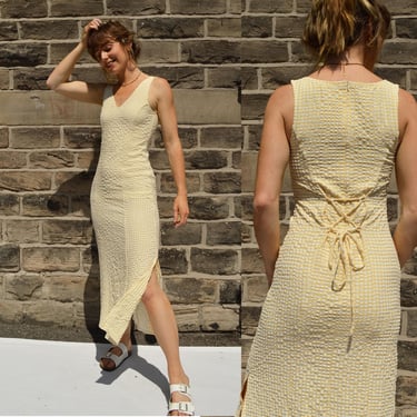 French Gingham Maxi Dress Vintage Style - Buttercup Yellow Seersucker Check Full Length Midi - Adjustable - Sleeveless 