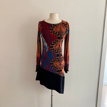 Save the Queen!  Vibrant print mesh dress with asymmetrical hem-size S/M 