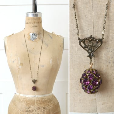 vintage purple rhinestone necklace • antique Deco style long OOAK repurposed necklace 