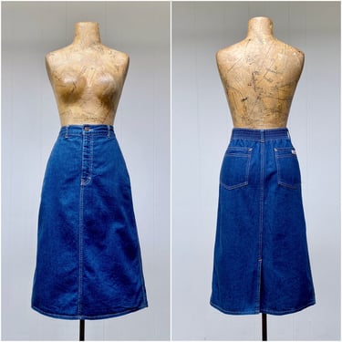 Vintage 1970s Calvin Klein Dark Wash Denim Skirt, High-Waisted A Line Midi with Elastic Back Waist 