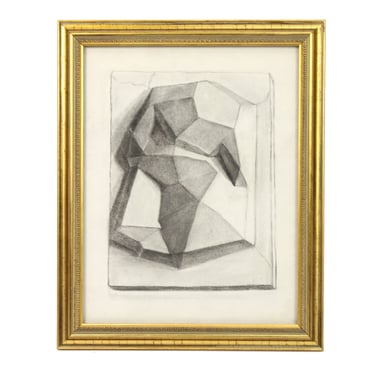 Vintage 1950s Abstract Geometric Pencil Drawing in Gilt Frame