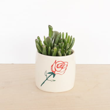 Rose Illustration Ceramic Planter Cactus Pot with Drainage  Indoor Succulent Planter 