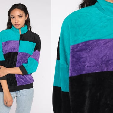80s Velour Sweatshirt Color Block Shirt Quarter Zip Pullover Long Sleeve Sweater Black Purple Turquoise 1980s Athletic Streetwear Medium M 