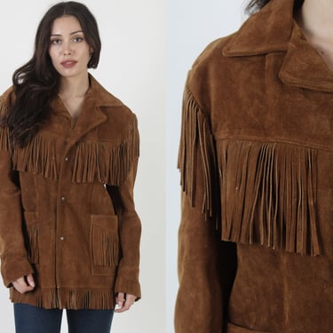 Deadstock Schott Sportswear Brown Suede Fringe Jacket, Vintage 70s NWT Chestnut Leather Biker Coat, Mens Tag Size 42 