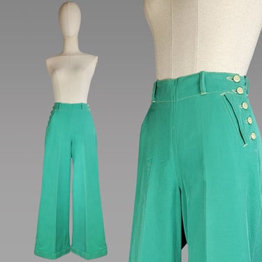 1940s Cowgirl Pants / Side Button Pants / Denim Western Wear / Green Western Pants /1940s Western Pants / 1940s Ranch Wear / Size Small 