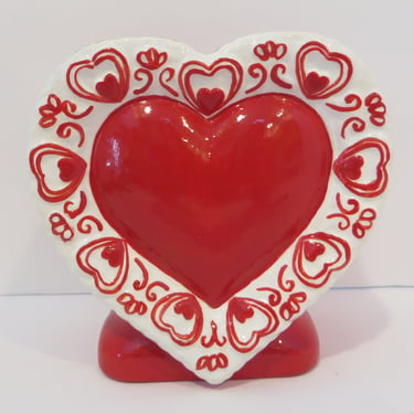 Vintage Valentine's Heart Vase Planter - Red Ceramic Heart Shaped Vase 