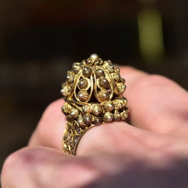 Antique 800 Gilt Silver Cannetille Filigree Dome Ring, Stunning High Set Beaded Floral Ring, Middle Eastern, Size 9 1/4 US 