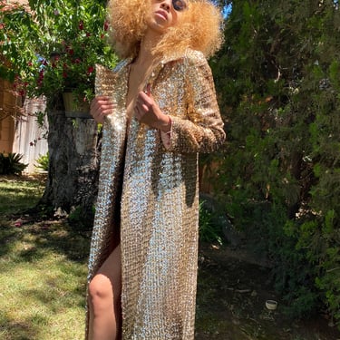 Rare 1970's Vintage gold SEQUIN Duster long beaded opera coat, vintage  gold sequin maxi dress jacket  size small 