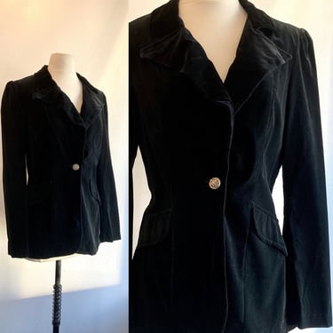 Vintage 70's BLACK VELVET FITTED Blazer Jacket / One Button + Puff Sleeve Shoulder + Faux Pockets 